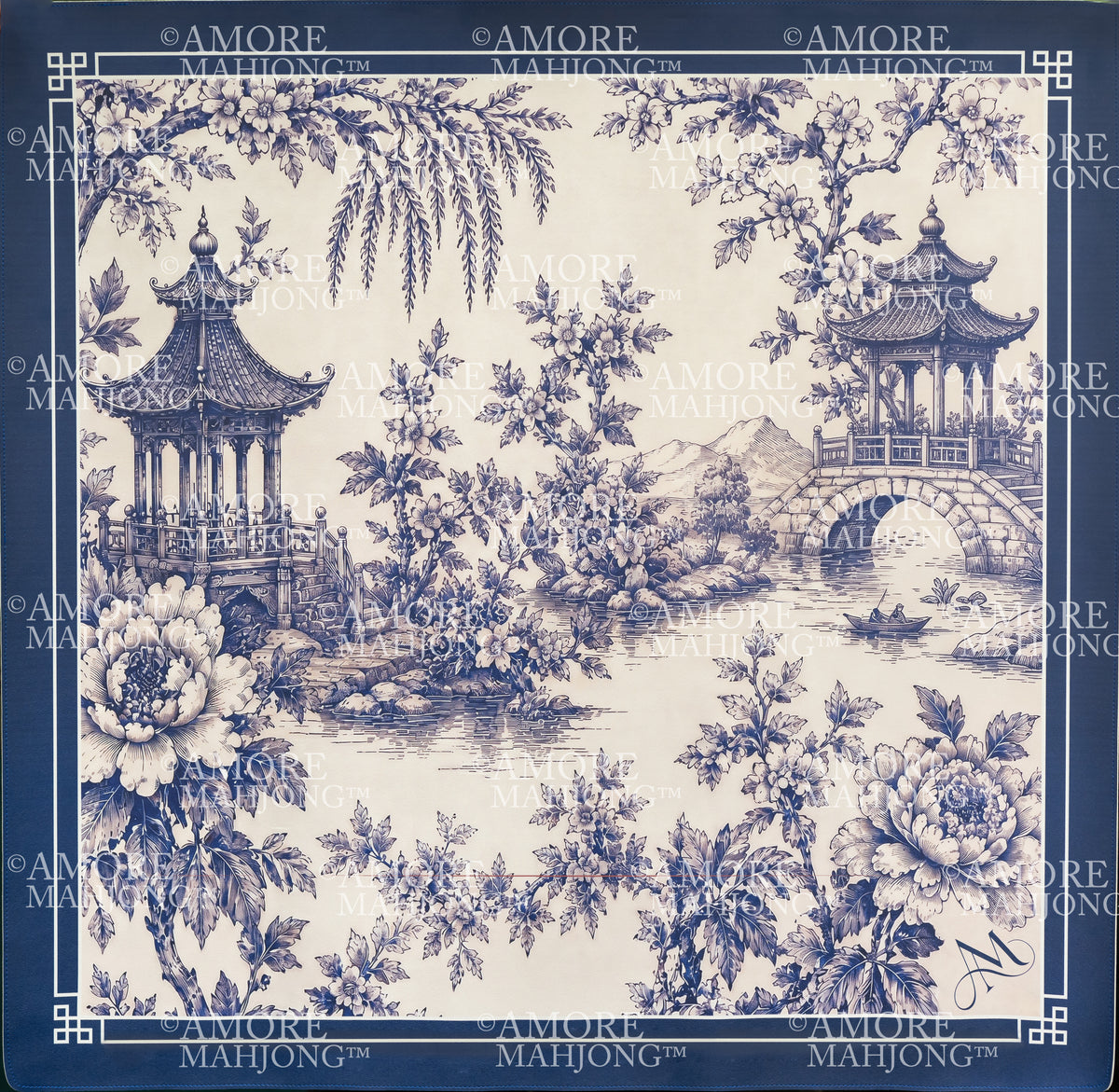 French Blue Chinoiserie Mahjong Mat (Leatherette)