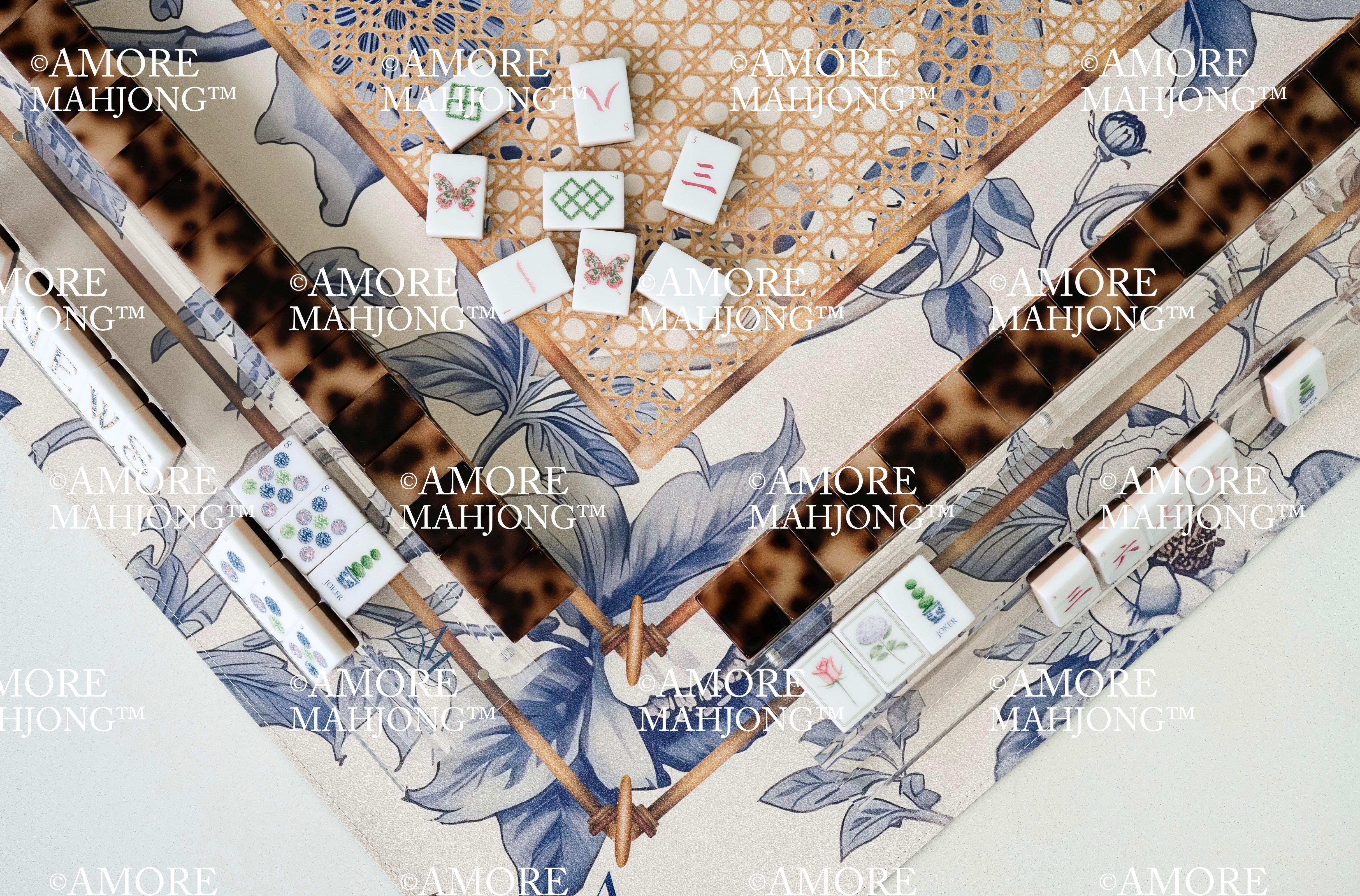 Heirloom Blue with Cane Rattan Mahjong Mat (Leatherette)