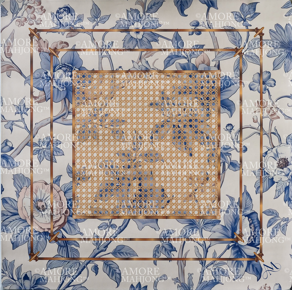 Heirloom Blue with Cane Rattan Mahjong Mat (Leatherette)
